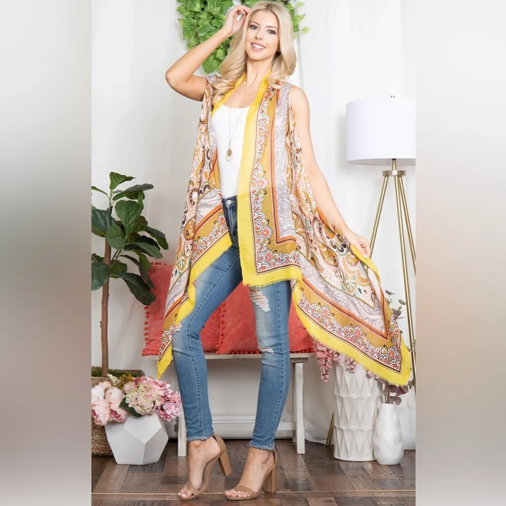 Long Boho Duster Cardigan Paisley Print Open Front Lightweight Layer Chic Outfit - Picture 4 of 5